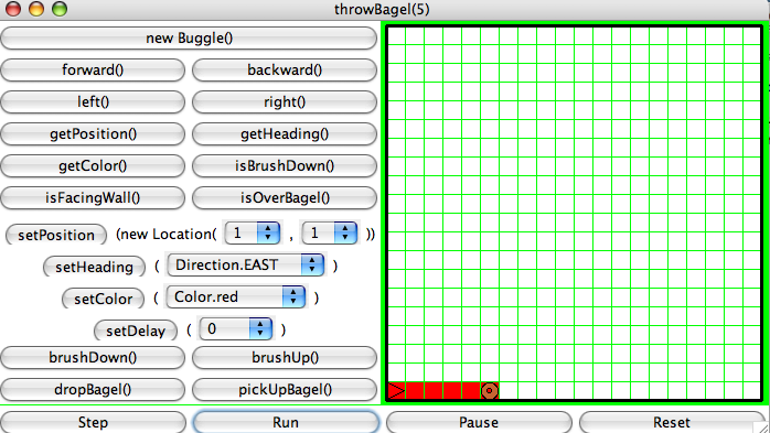 snapshot of throwBagel(5) invocation