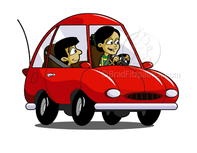 cartoon mom and kid in car