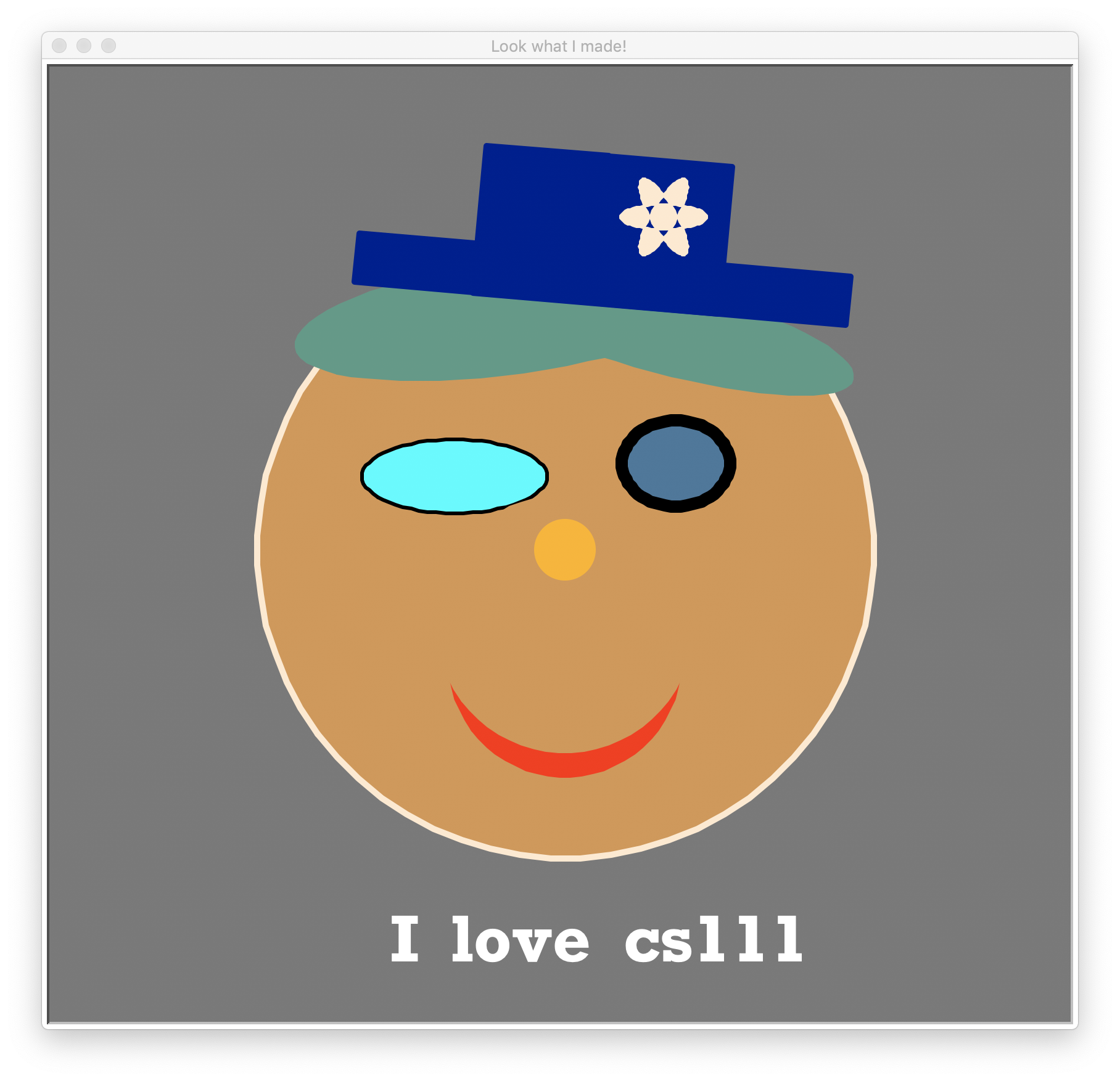An image of a face composed of simple shapes like circles and ellipses. It is wearing a rectangular hat, and the words 'I love cs111' are printed below it. This image was drawn using turtle graphics.
