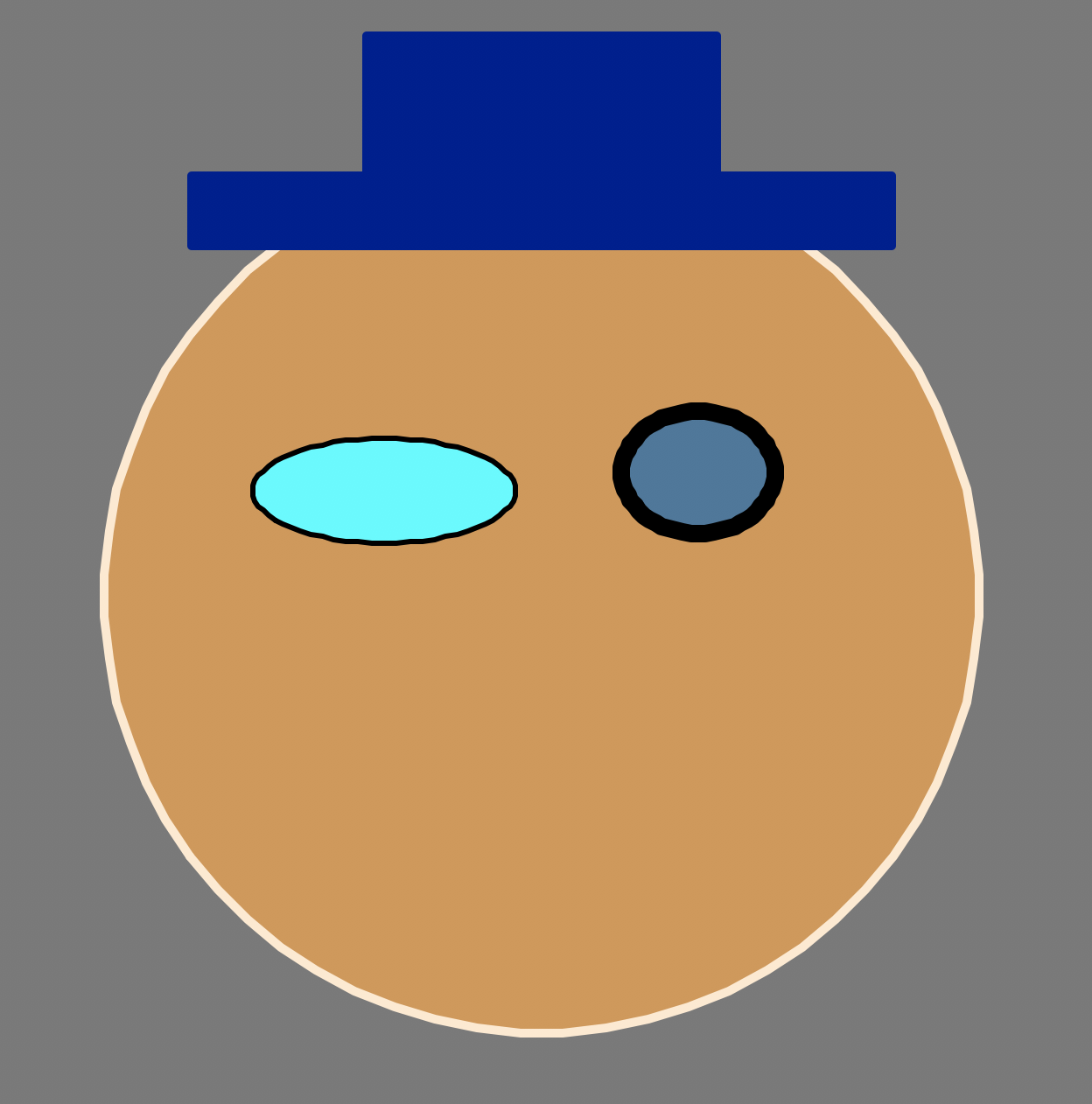 Smiley Hat: The same face with a hat on top composed of two rectangles: a long thin one and a shorter thicker one that overlaps the thin one above it in the middle.
