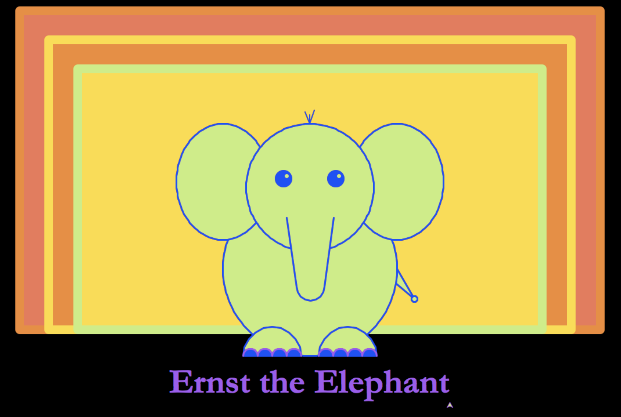 An image of an elephant by Laura Chin & Mari Kramer. Text below reads 'Ernst the Elephant.'