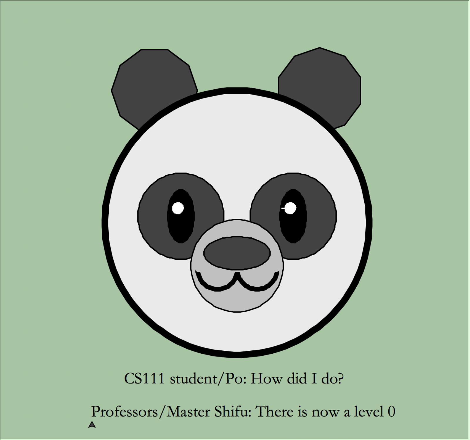 An image of a panda's face by Toshali Goel & Katherine Guo. Text below says: 'CS 111 student/Po: How did I do? ... Professors/Master Shifu: There is now a level 0.'
