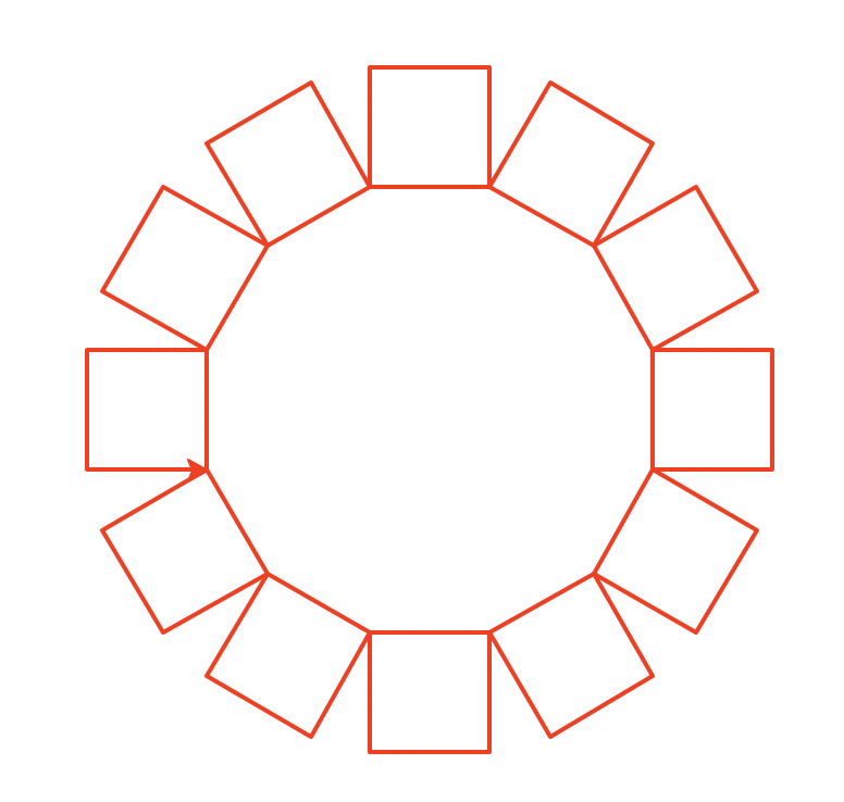 A similar arrnagement of boxes around a central empty area, this time with 12 red boxes.