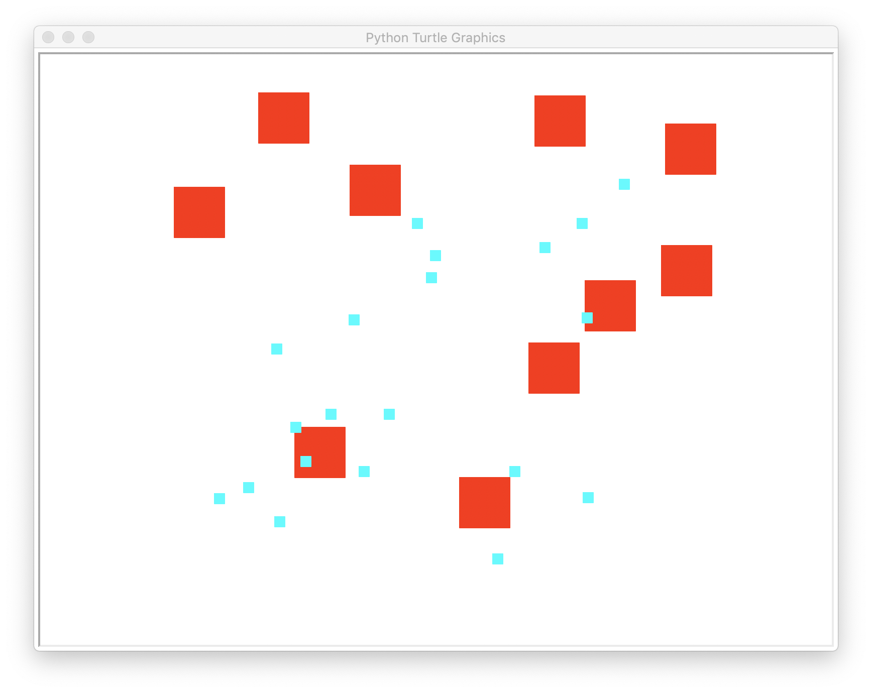 A turtle canvas with 10 larger red squares and 20 smaller cyan squares scattered about randomly, with some of the cyan squares overlapping the red ones.