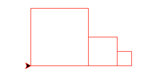 Three squares placed horizontally edge-to-edge, where the second square is 1/2 as tall (and wide) as the first, and the third is half as tall/wide as the second (so 1/4 of the first square). The turtle is placed (you guessed it!) at the bottom-left of the first square, facing right. The bottoms of eqch square are aligned to form a straight line, while their tops step downwards.