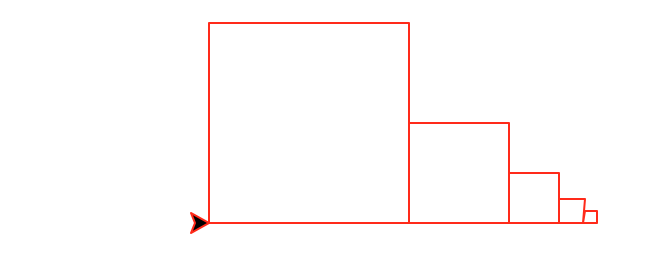 A row of 5 squares of decreasing size, where each square is 1/2 as large as the previous one. The turtle is yet again placed at the lower-left corner and facing right.