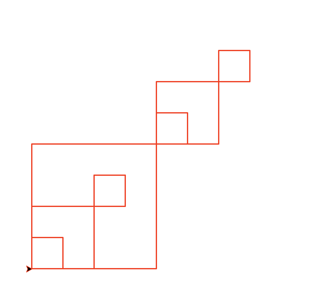 Seven squares! Imagine the previous pattern of 3 squares, scaled down by a factor of 2 and repeated twice, once from the bottom-left corner of a bigger square, and once again from the top-right corner of the same bigger square. In case you were worried, the turtle remains in the bottom-left corner, facing right.