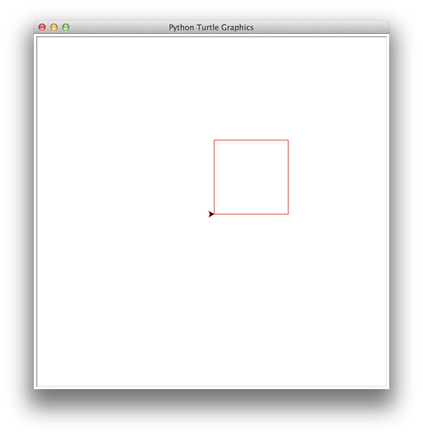 A single square. This image actually shows the whole turtle window, and you can see that the turtle is at the center of the window facing right (the default turtle starting position) while the square stretches up and to the right from there.
