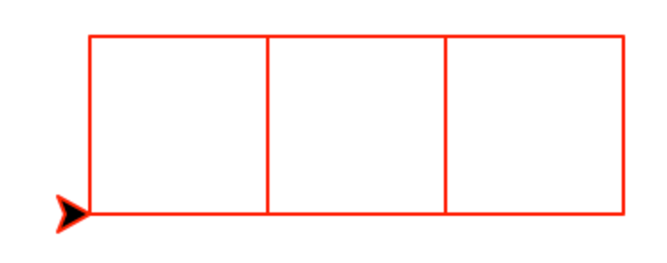 A row of three red squares, touching horizontally at their edges. The turtle is in the bottom-left facing to the right.