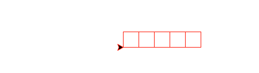 A row of five smaller red squares, again with the turtle at the bottom-left and facing right.