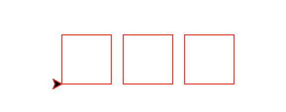 Another row of three squares with the turtle at the bottom-left, but this time there are gaps between each pair of squares. The gaps are 1/4 as wide as the squares themselvs.