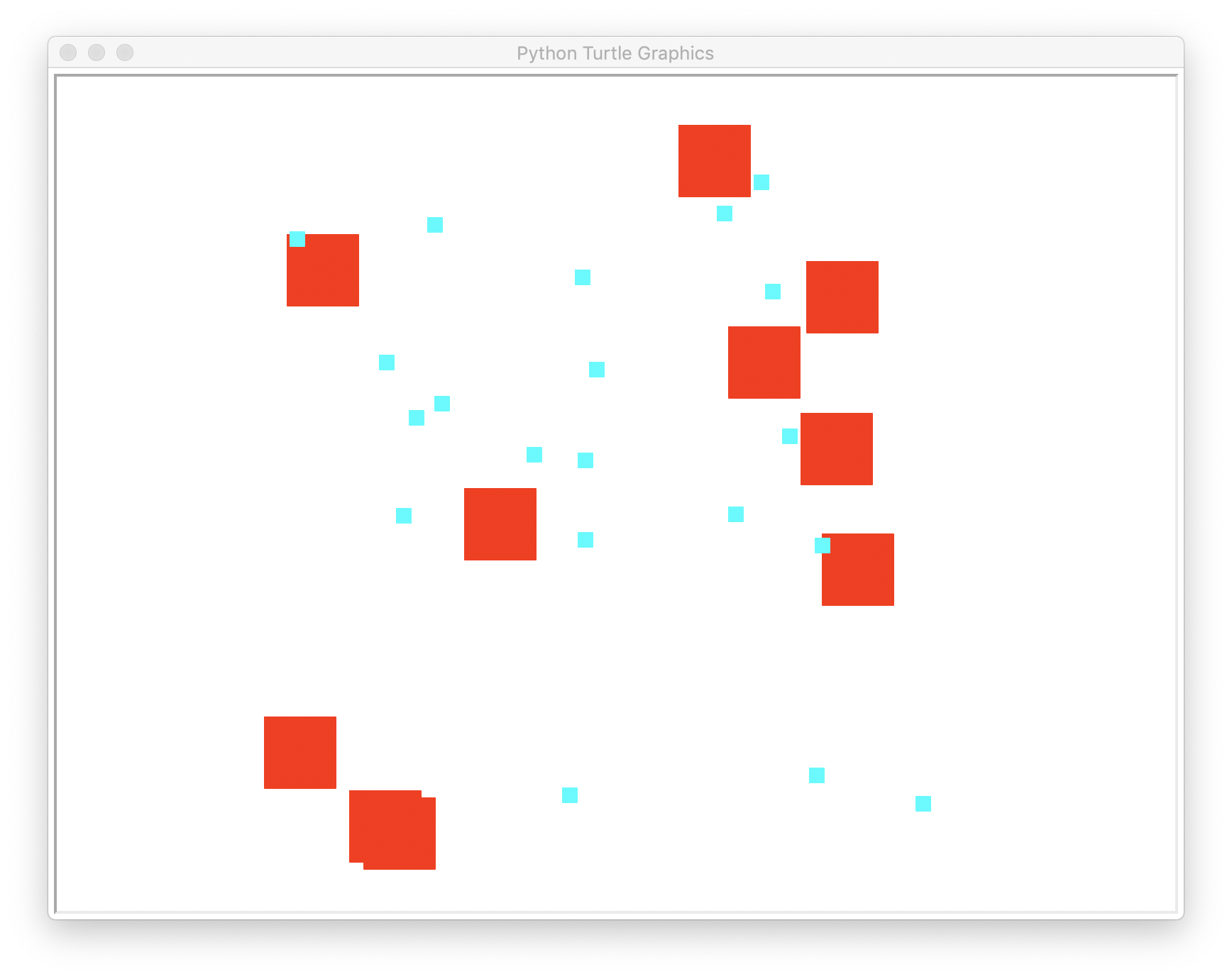 Another turtle canvas with the same squares scattered, just this time in different random positions.
