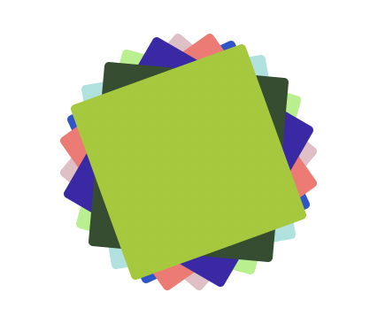 Eight squares layered on top of each other with random colors, each rotated relative to the others so that behind the final square which is fully visible, the corners of the others stick out at odd angles.