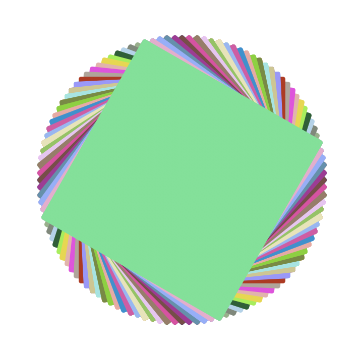 More layered rotated squares, this time there are 50 squares rotated only 3 degrees each time, so the outline looks very much like a circle.