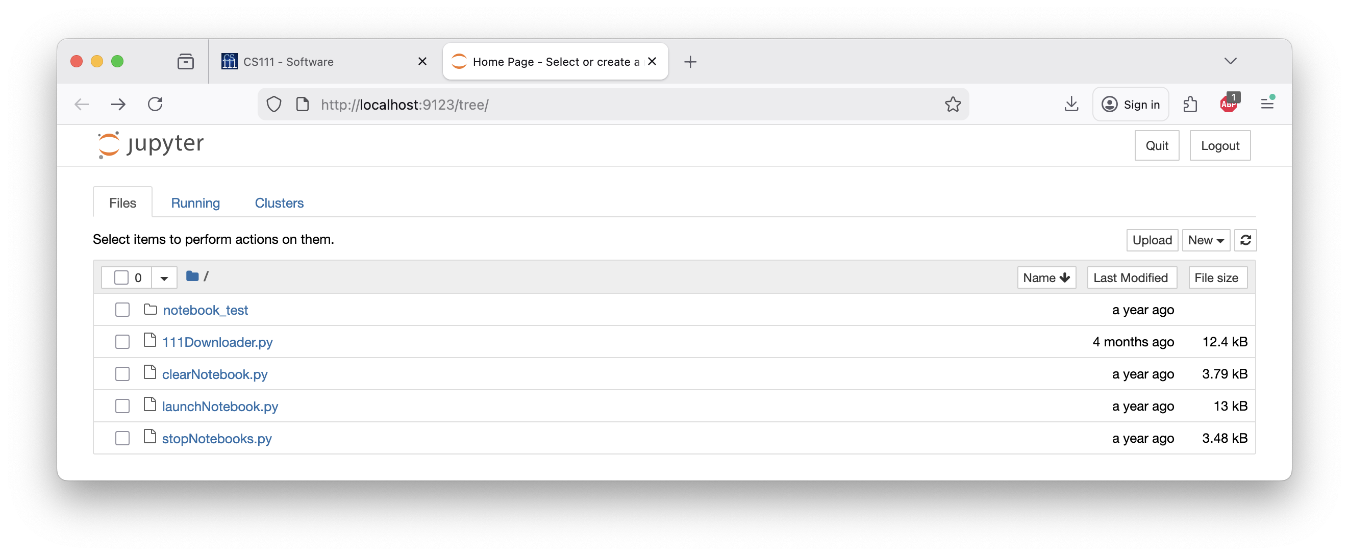 A Jupyter browser tab for the cs111 folder