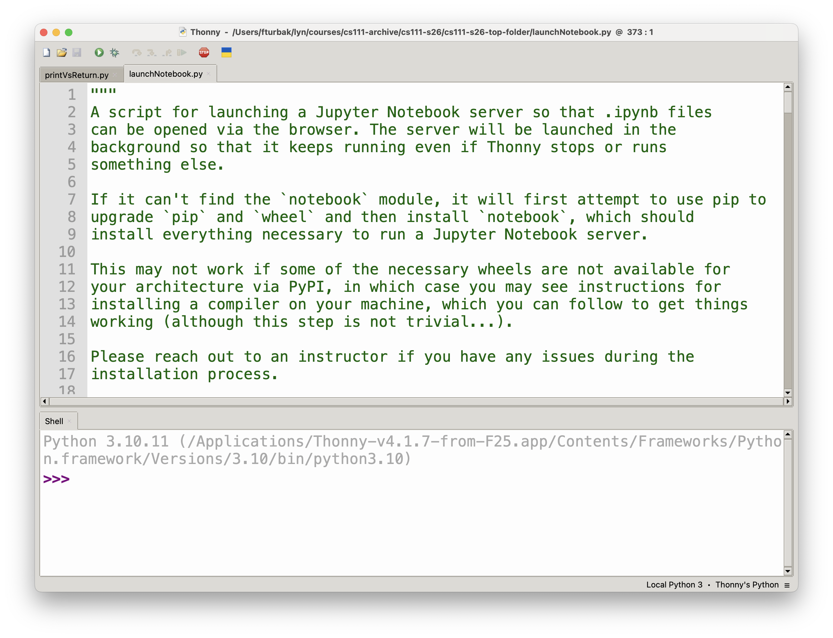 A Thonny window with the file launchNotebook.py in the editor pane