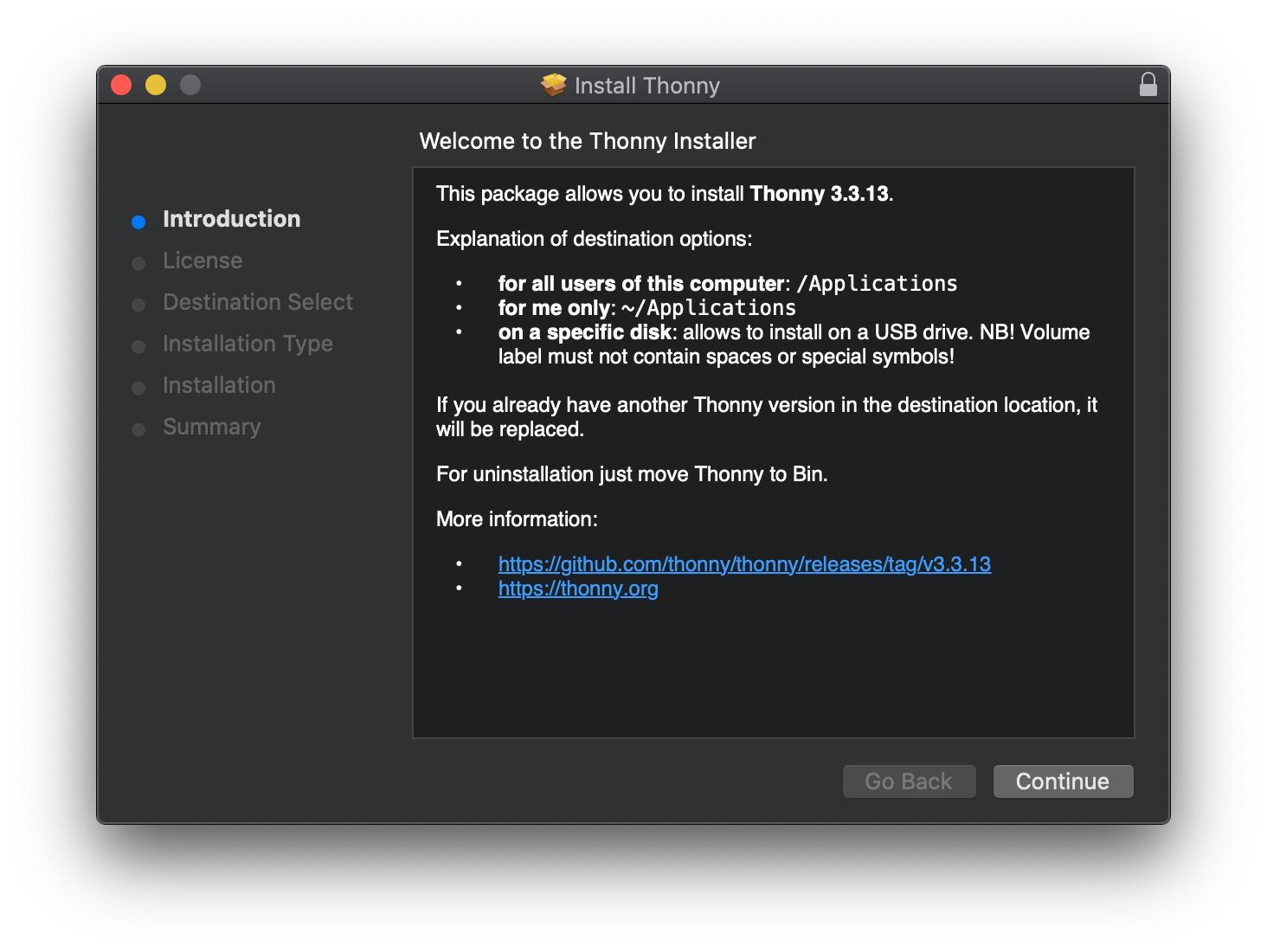 Thonny 3.3.13 installer welcome screen