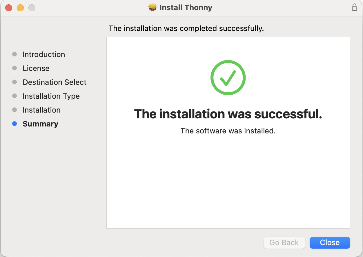 Thonny 4.1.7 installer finish screen for mac