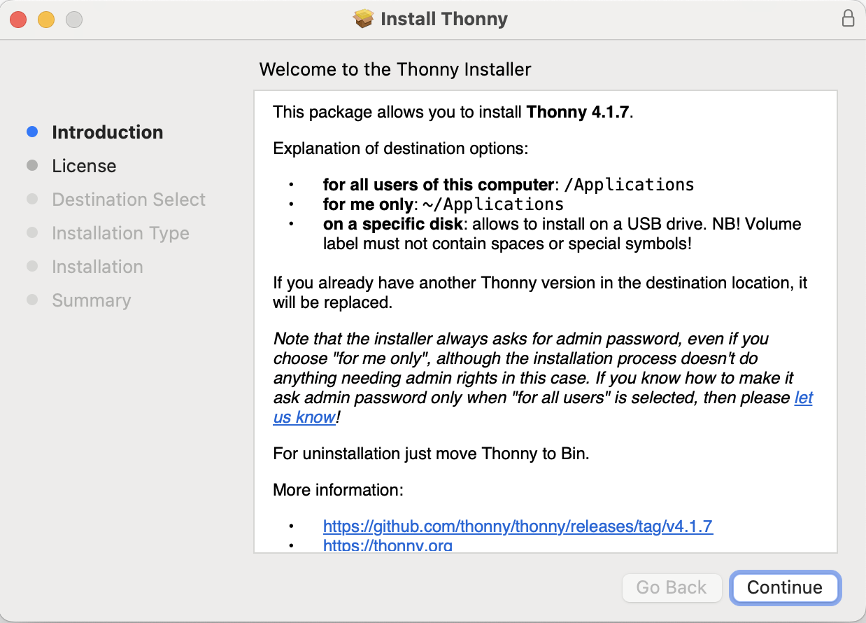 Thonny 4.1.7 installer welcome screen for mac