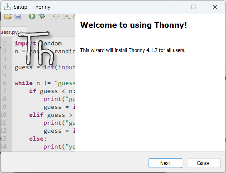 Thonny 4.1.7 installer welcome screen for windows