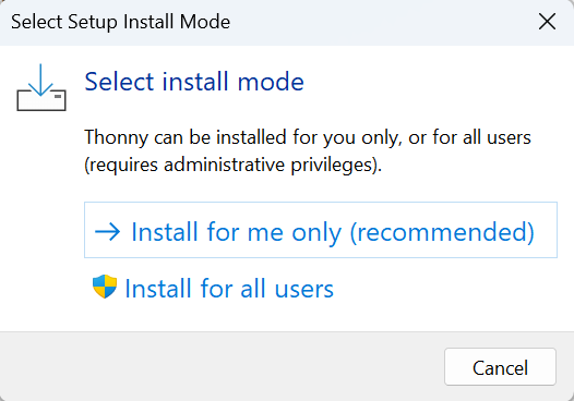 Thonny 4.1.7 windows choose installation for all users or not