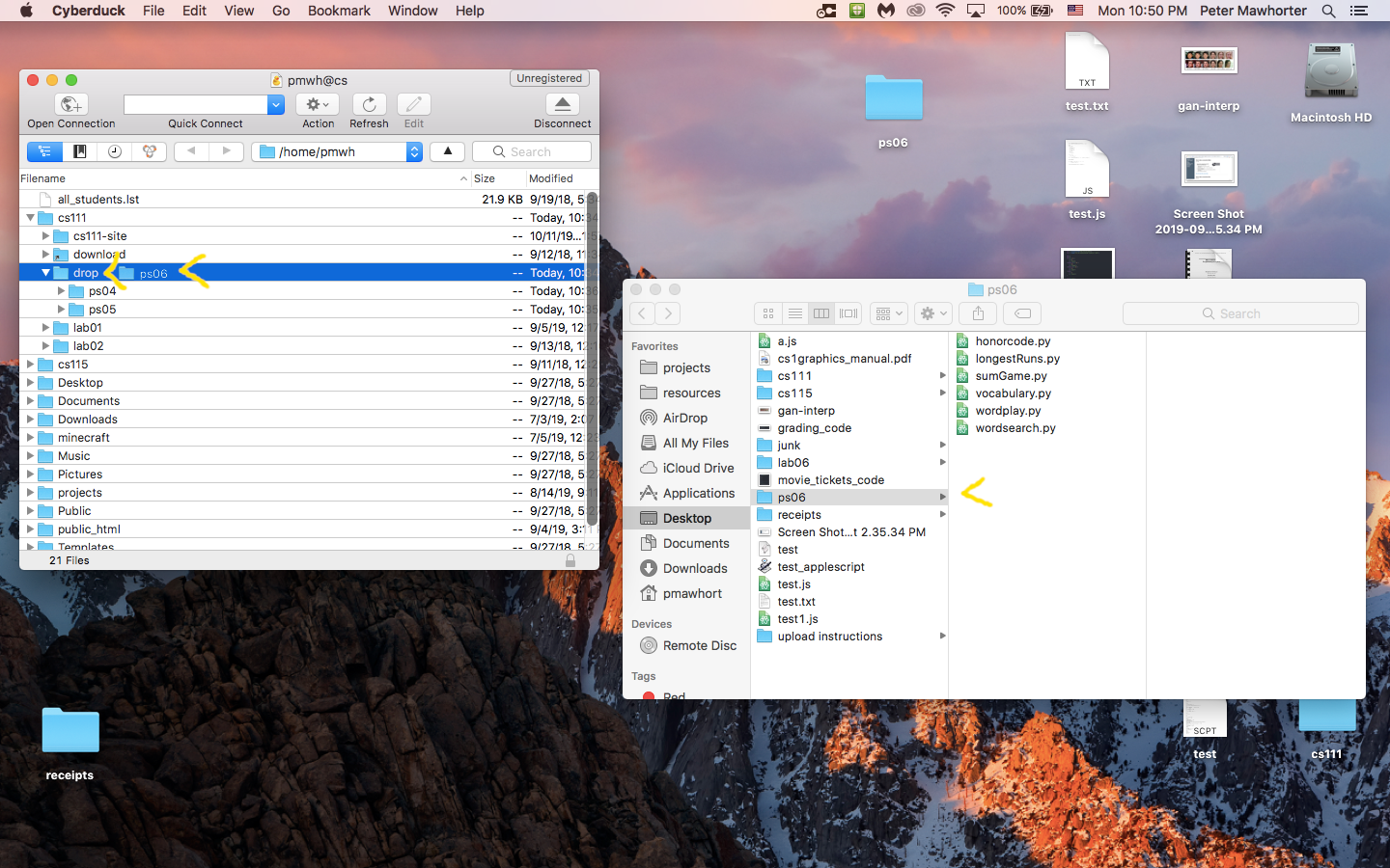 Screenshot showing a ps06 folder being dragged on top of the drop folder.