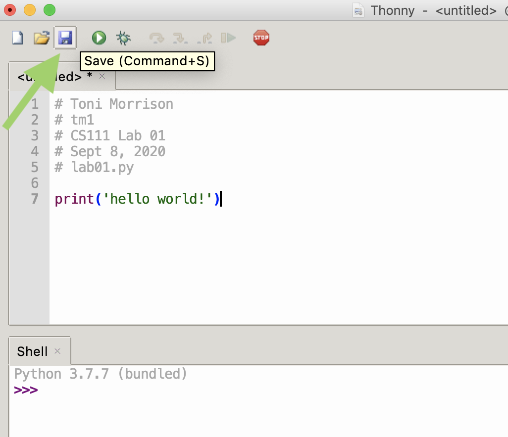 A screenshot highlighting the location of Thonny's Save command (it's the third icon in the menu bar).