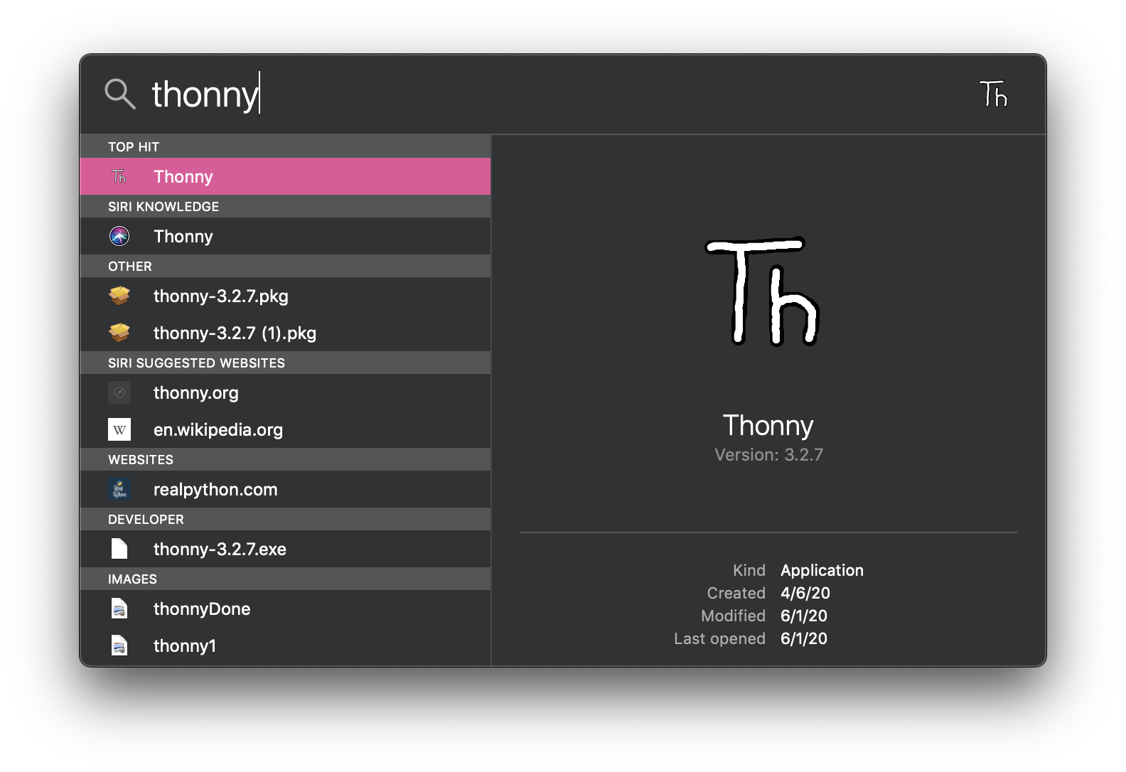 Screenshot showing the use of Spotlight (on a Mac) to open Thonny, with the text 'thonny' typed in the Spotlight search window and the icon for Thonny being displayed as the top result.