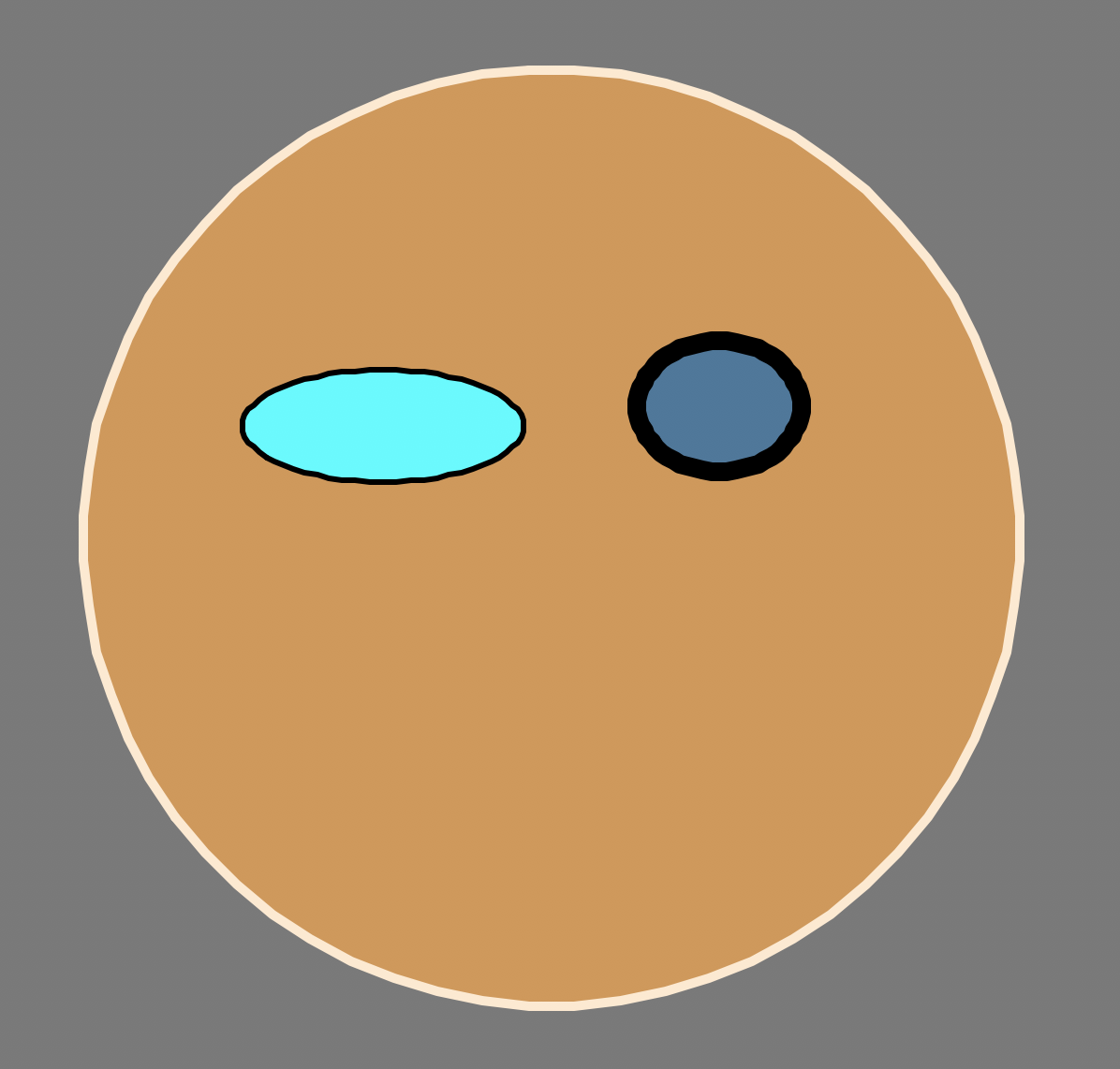Face with eyes added: two blue ellipes are now present in the top half of the brown circle, with different shades of blue and different thicknesses for their black borders.