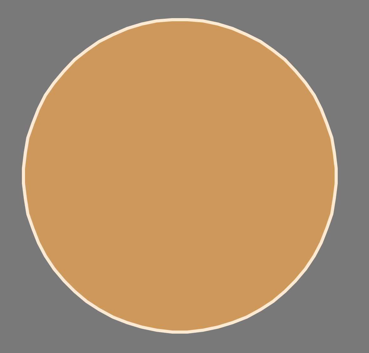 The start of the smiley face: a brown circle with a lighter tan edge, on a gray background.