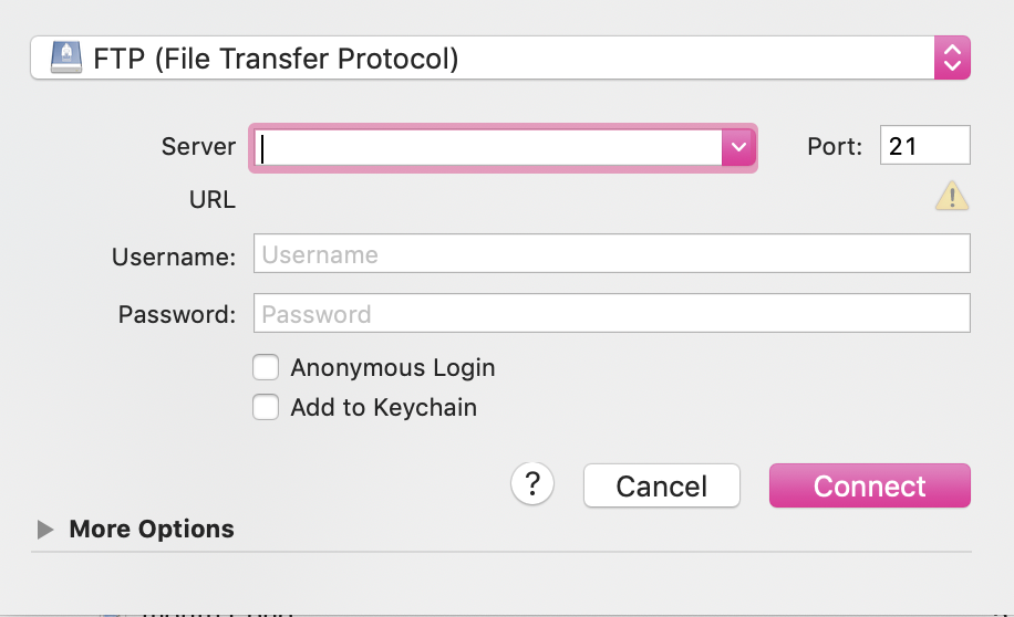 The dialog that pops up after activating open connection. It is a form with 7 inputs and two main buttons (Cancel and Connect). The inputs are: 1. Protocol (selector). 2. Server (text input). 3. Port (number input; gets value from Protocol input automtically so you can ignore it). 4. Username (text input). 5. Password (hidden text input). 6. Anonymous Login (checkbox; we won't use this). 7. SSH Private Key (selector; we won't use this). The buttons come after all of the inputs, and focus starts on the Usernaem field.