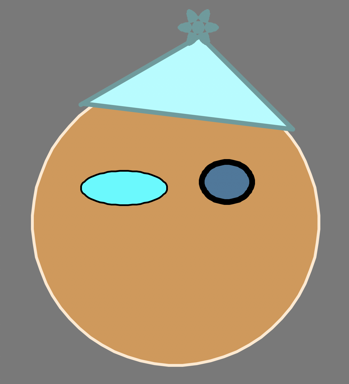 Smiley Hat 3: The same brown circle face with a triangular hat that has three ellipses on top to make a pom pom.