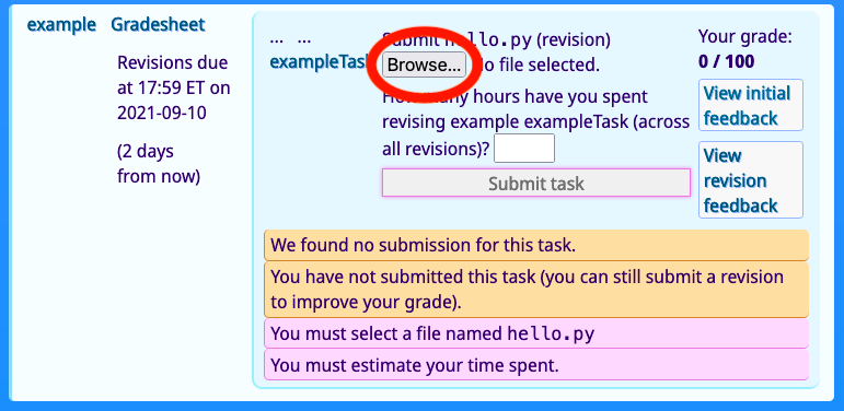 The location of the choose file button within each task. It should be the second element to get focus if you're navigating with Tab, and it should read as 'Submit' followed by a filename, or if things aren't working well, simply as 'Choose file', in which case you can find the text specifying the filename right before it.