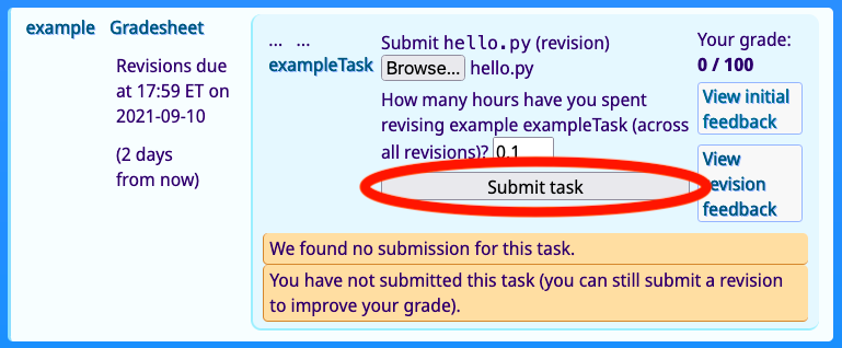 The submit button, labeled 'Submit task'. It follows the text entry for time spent, and may be disabled if either you have not chosen a file with the required filename, or you have not entered a numerical value for time spent. If validation is too cumbersome, you can disable it using the checkbox at the very top of the page, although unfortunately this setting may not be remembered. Just make sure that you choose the correct file to upload.