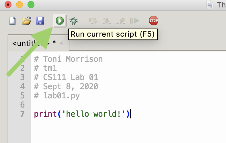 Screenshot highlighting the location of the run button in Thonny, which is the fourth icon in the menu bar and comes right after the save button.