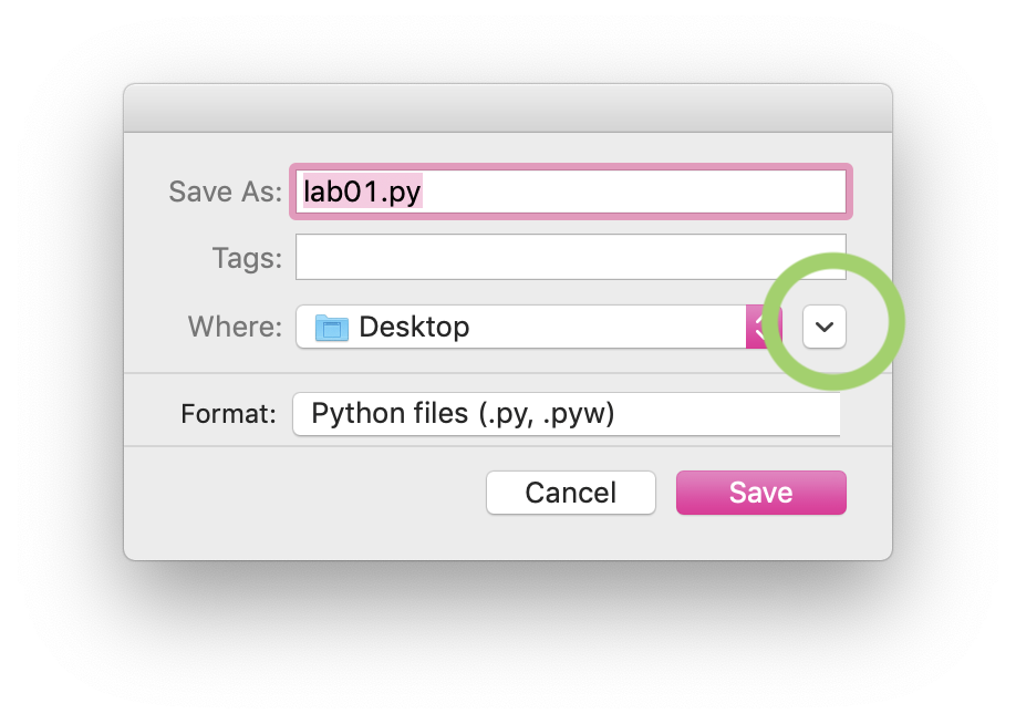 The save-as dialog in Thonny on a Mac, with the show-details arrow highlighted. The dialog has fields for 'Save As', 'Tags', 'Where', and 'Format'. Only the 'Save As' (to name the file) and 'Where' (to select a folder) fields need to be edited. The show-details button immediately after the Where field allows selecting a destinaiton in detail.
