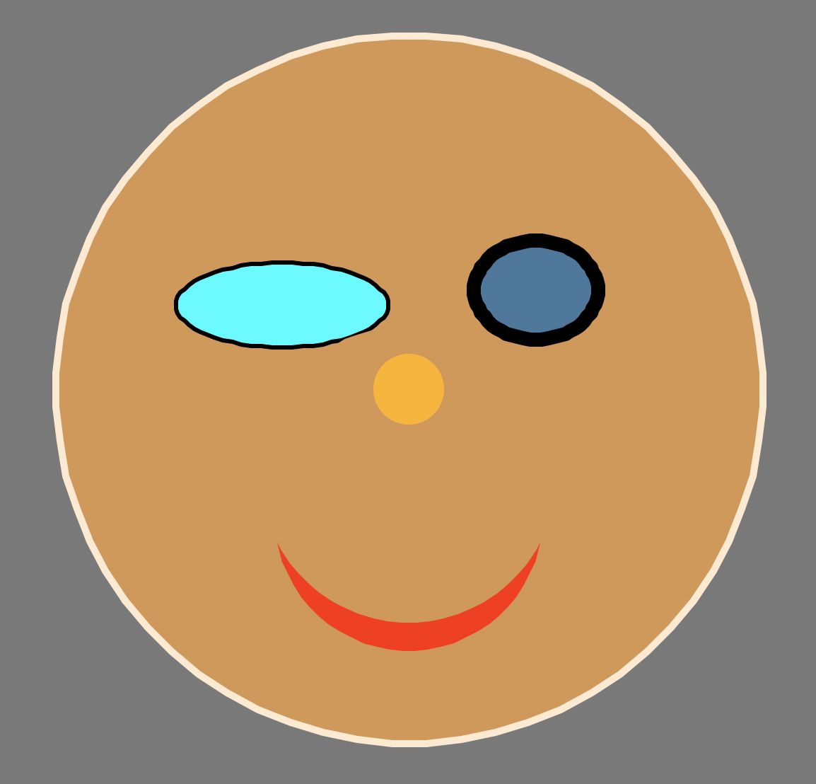The same brown face with eyes described above, now with the addition of an orange circle in the middle for a nose and a red crescent in the bottom half for a smile.