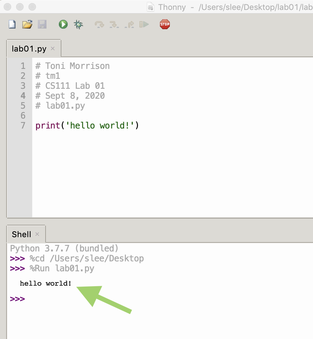 Screenshot showing that the text 'hello world!' appears in Thonny's 'Shell' region after running the code that was supplied above.