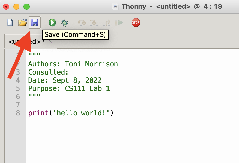 A screenshot highlighting the location of Thonny's Save command (it's the third icon in the menu bar).