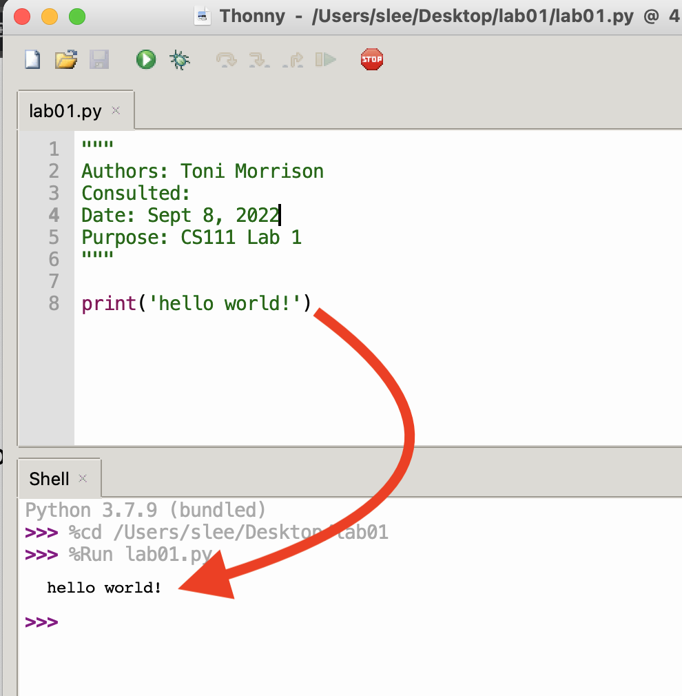 Screenshot showing that the text 'hello world!' appears in Thonny's 'Shell' region after running the code that was supplied above.