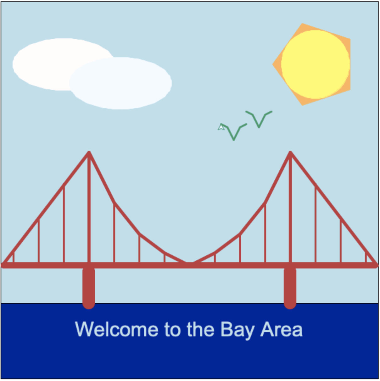 An image of the Golden Gate Bridge labeled 'Welcome to the Bay Area' by Claire Moreland & Danika Heaney