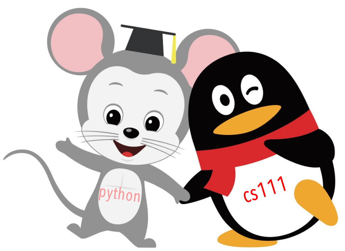 A cartoon mouse labeled 'python' and a penguin labeled 'cs111' smiling and holding hands. The mouse is wearing a mortar board with a tassel and the penguin is wearing a red scarf.