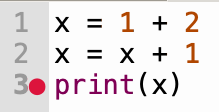 The code in debugger.py, as displayed in Thonny, with a red dot in the
left margin next to the start of the third line.