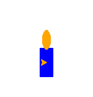 The result of calling candle(45): a blue 20 by 45 rectangle with a smaller orange ellipse on top. The turtle is visible as an orange arrow facing to the right centered within the blue rectangle.