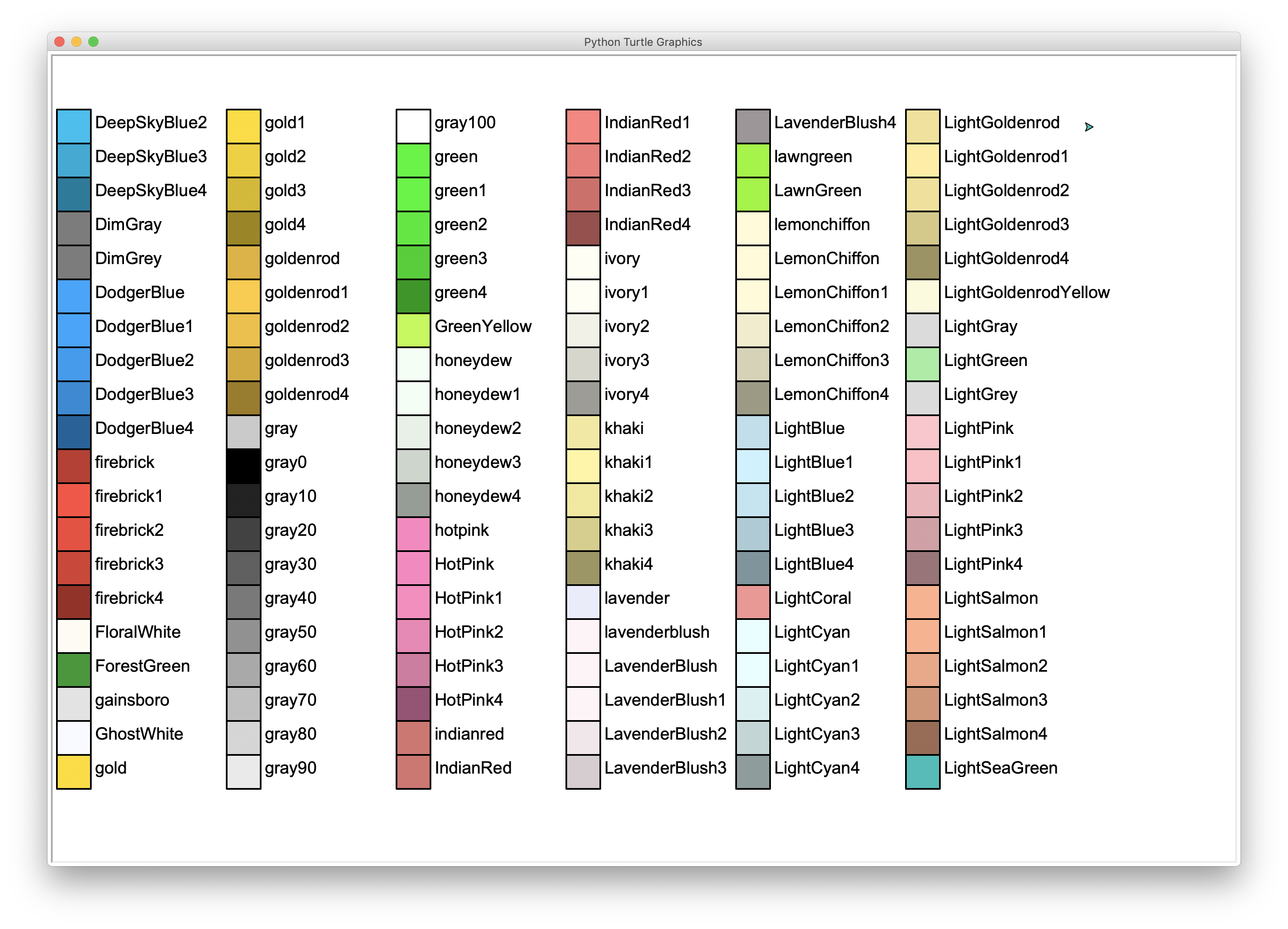 Another page of color names next to squares of color.