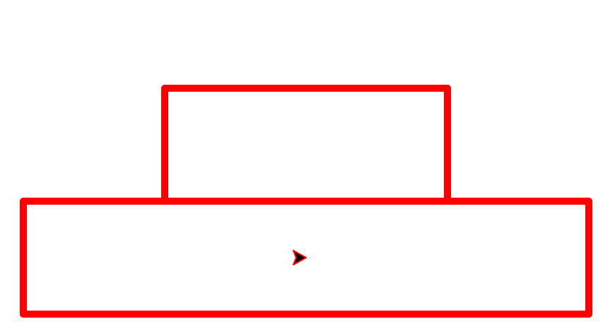 A two layer cake made out of two red-outlined rectangles with white fill stacked on top of each other, with the bottom one being twice as wide as the top one. The turtle (a small arrow) is in the middle of the bottom rectangle; facing to the right.