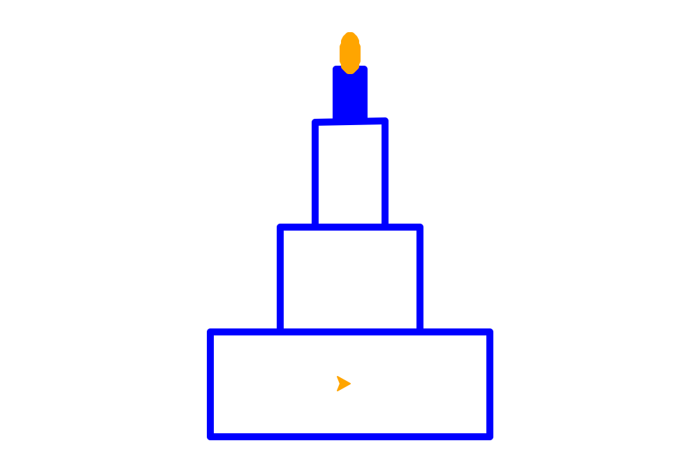 A narrower blue three layer cake. The bottom layer of this cake is the same width as the middle layer of the red cake above, and the two layers above that are each half the width of the previous layer. Again there is a "candle" on top made out of a rectangle and an ellipse.
