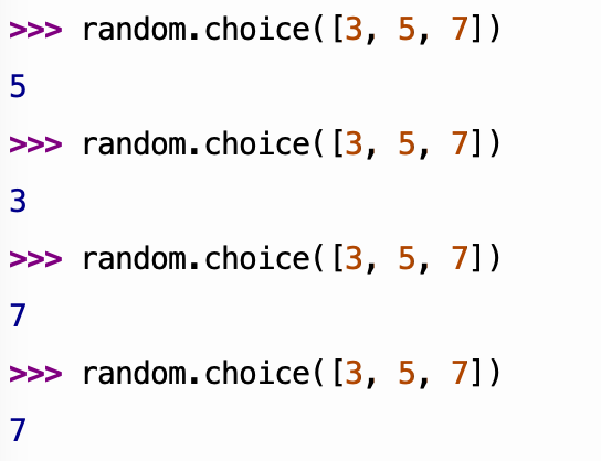 Thonny shell showing invocations of random.choice with three numbers: 3, 5, and 7. The numbers are separated by commas and placed within square brackets inside the parentheses for the function call. The results are random even for repeated calls to the same function with the same argument: first 5, then 3, then 7, and then 7 again.
