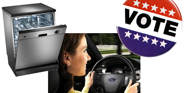 A collage depicting a washing machine, a person driving, and a 'Vote' button.