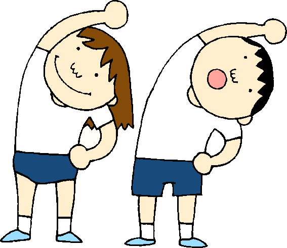A boy and a girl wearing gym clothes and stretching their arms to one side. They are warming up.